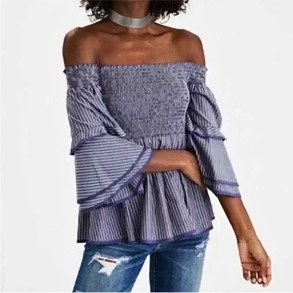 American Eagle Outfitters Tops - American Eagle XL Blue Striped Boho Off the Shoulder Smoked Ruffled Top